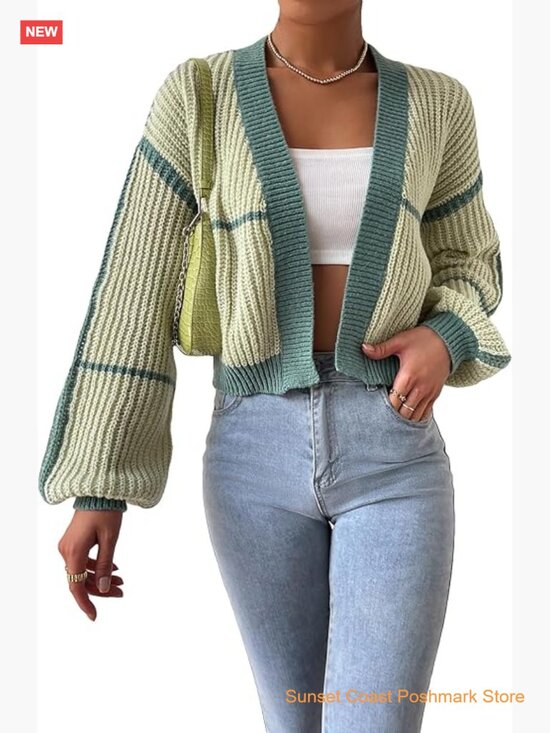 Sweaters - Color Block Crop Cardigan Top Bishop Long Sleeve Open Front Sweater